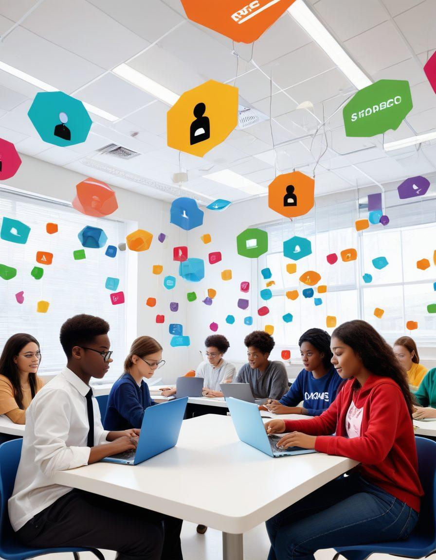 A modern classroom scene with diverse students using laptops, surrounded by floating icons representing e-insurance policies, safety nets, and digital shields, conveying the concept of student protection. Soft, engaging colors to create a friendly atmosphere. super-realistic. vibrant colors. white background.