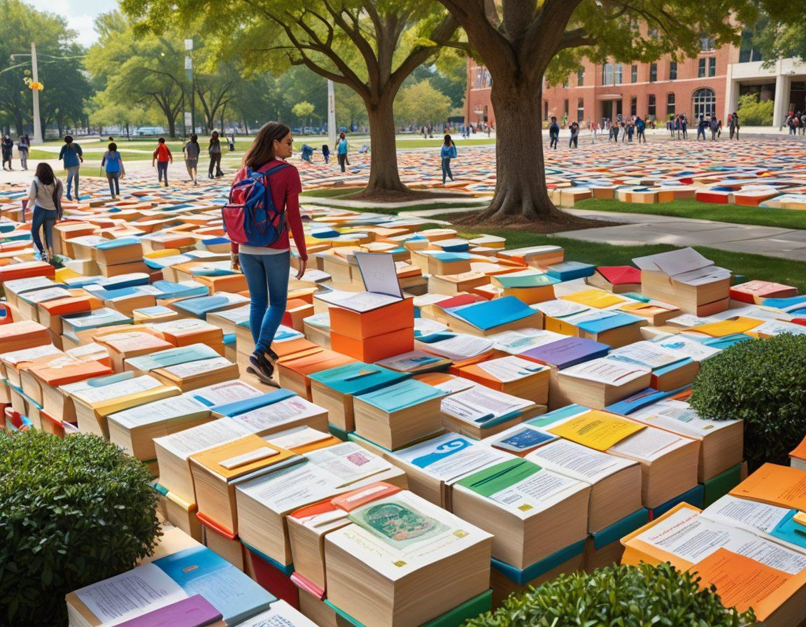 A college student exploring a maze made of insurance documents, surrounded by symbols of affordability and coverage like dollar signs and safety shields. Brightly colored textbooks stacked high on one side, and a friendly guide character helping them navigate the maze. The background features a campus scene with trees and students walking, creating a sense of community. super-realistic. vibrant colors. white background.