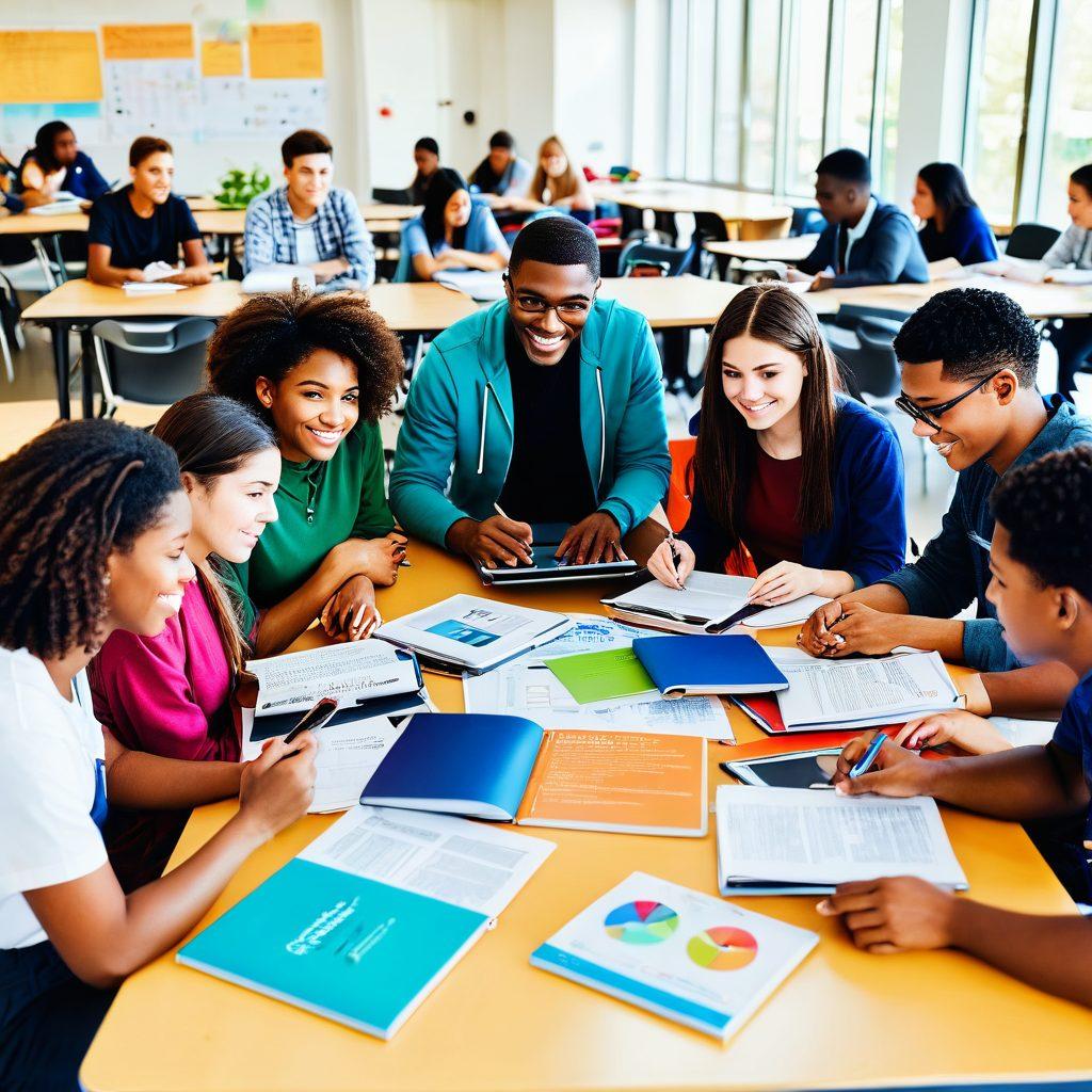 A diverse group of college students studying together in a vibrant campus setting, surrounded by books and digital devices. Each student is engaged in discussions about various insurance products, with graphical infographics of policy benefits floating above them. Bright colors and a feeling of collaboration and learning should be emphasized. super-realistic. vibrant colors. white background.